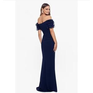XSCAPE Rosette Off-The-Shoulder Ruffle Scuba Crepe Gown Dress Size Navy 14 NWT